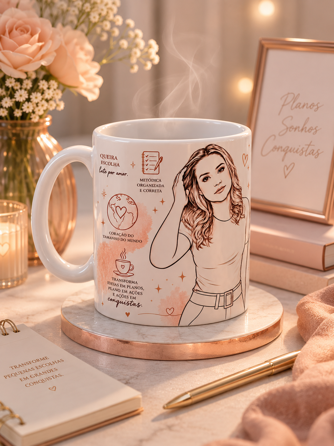 Caneca personalizada By Lucy com arte em line art e detalhes rosé